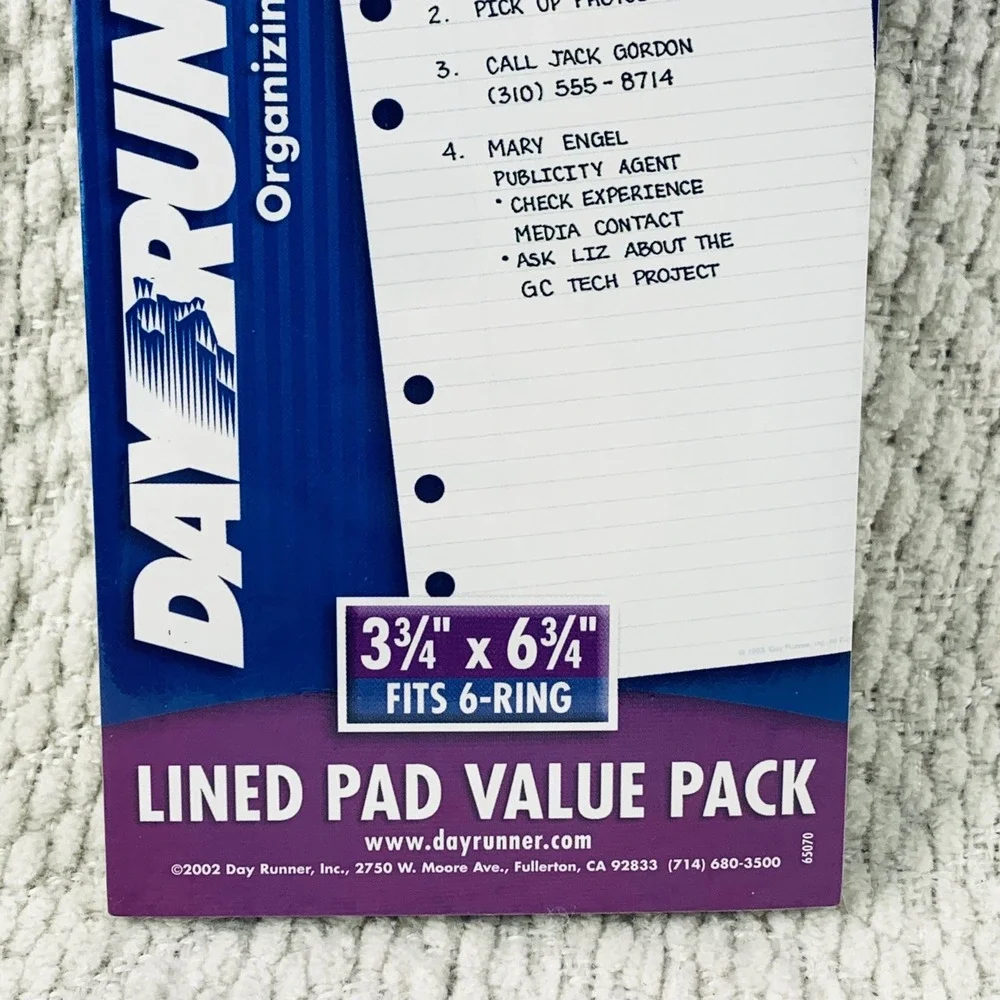 Day Runner Lined Pad Refill 3.75x6.75 White 3pk 033-8900-71 6-Ring Binder‎ Paper